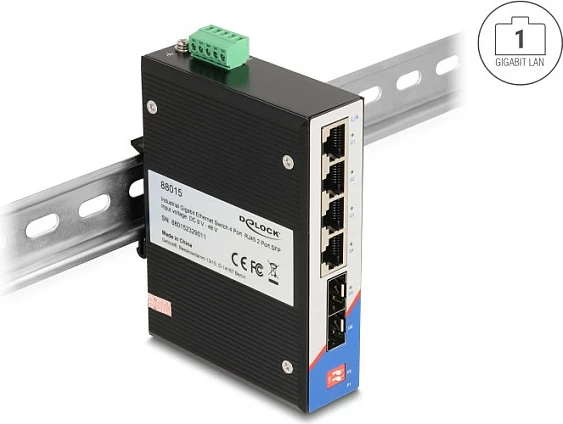 Switch industrial DeLOCK 88015, 4x RJ45 Gigabit + 2x SFP, unmanaged, i zi