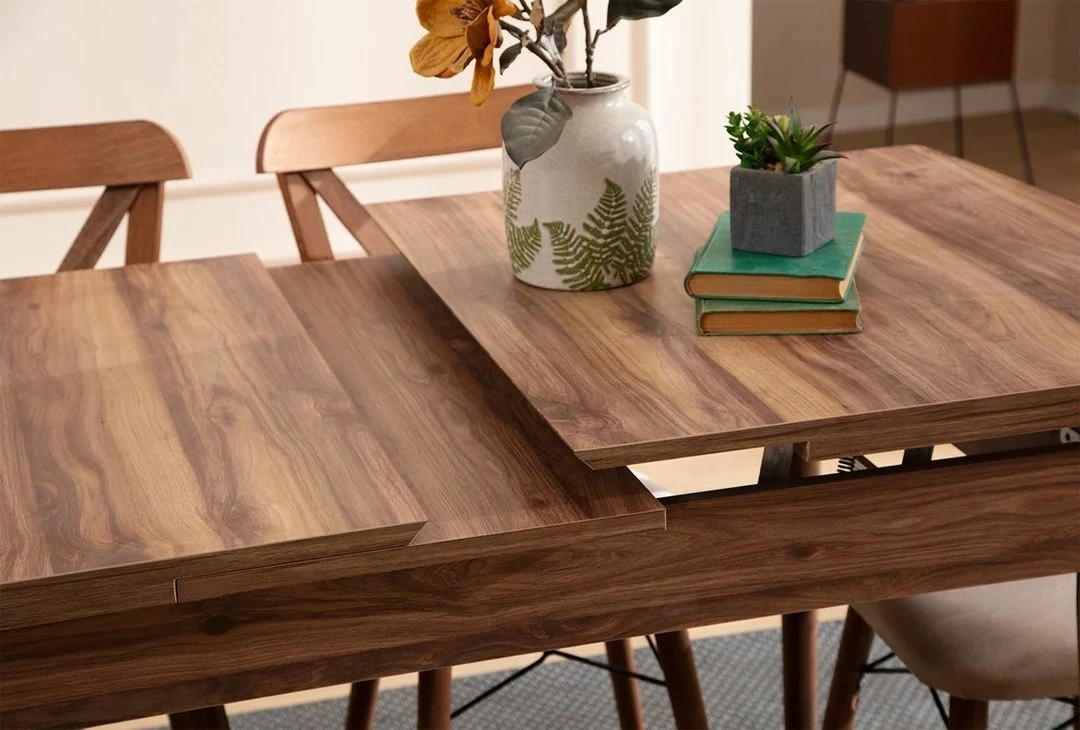 Tavolinë me karrige, set 7 pjesësh, ngjyrë kafe, Skye Decor Cenova, tavolinë e zgjatshme