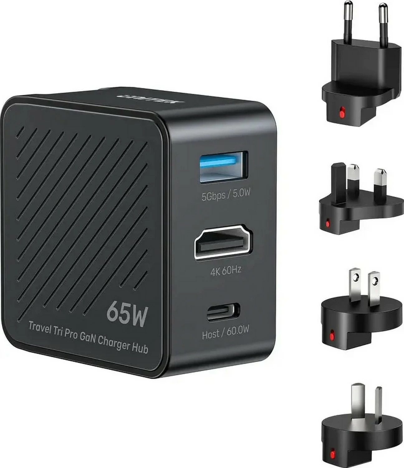 Karikues udhëtimi Unitek Travel Tri Pro GaN, 65W PD, HDMI 4K@60Hz, USB-C/USB-A, i zi