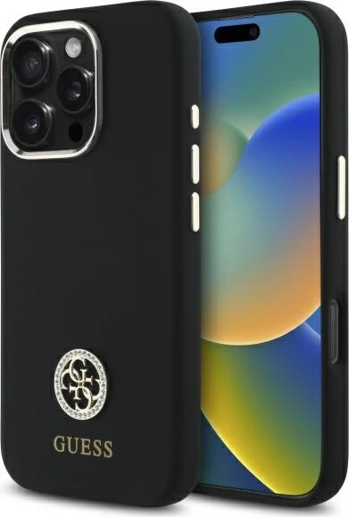 Mbështjellës Guess Silicone Logo Strass 4G për iPhone 16 Pro, i zi