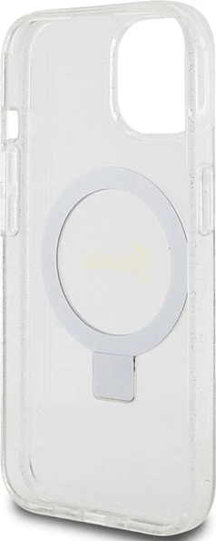 Mbështjellës Guess Ring Stand Script Glitter MagSafe për iPhone 15/14/13, transparent