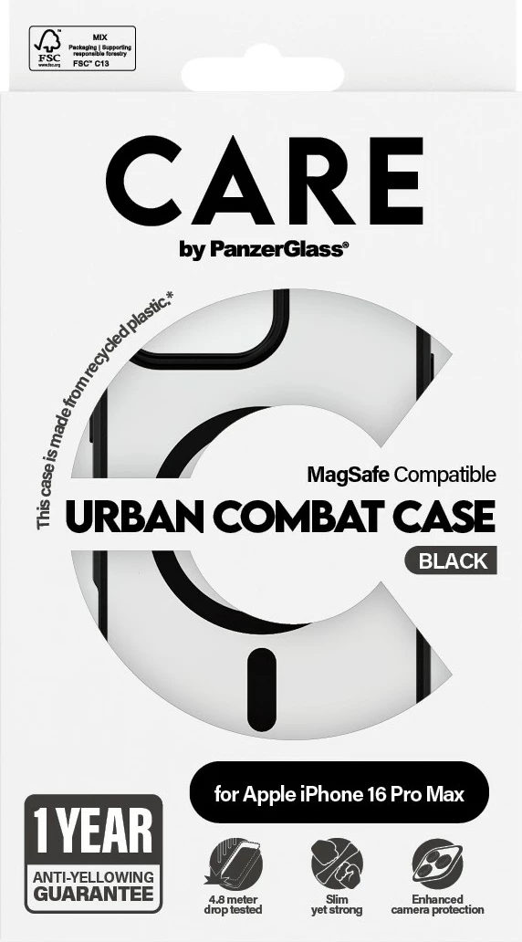 Mbështjellës PanzerGlass CARE Flagship Urban Combat MagSAFE për iPhone 16 Pro Max, transparent/zi