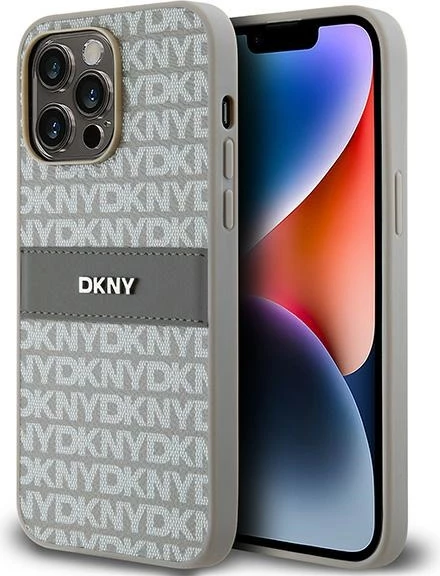 Mbështjellës DKNY Mono Stripe & Metal Logo për iPhone 14 Pro Max, Bezhe