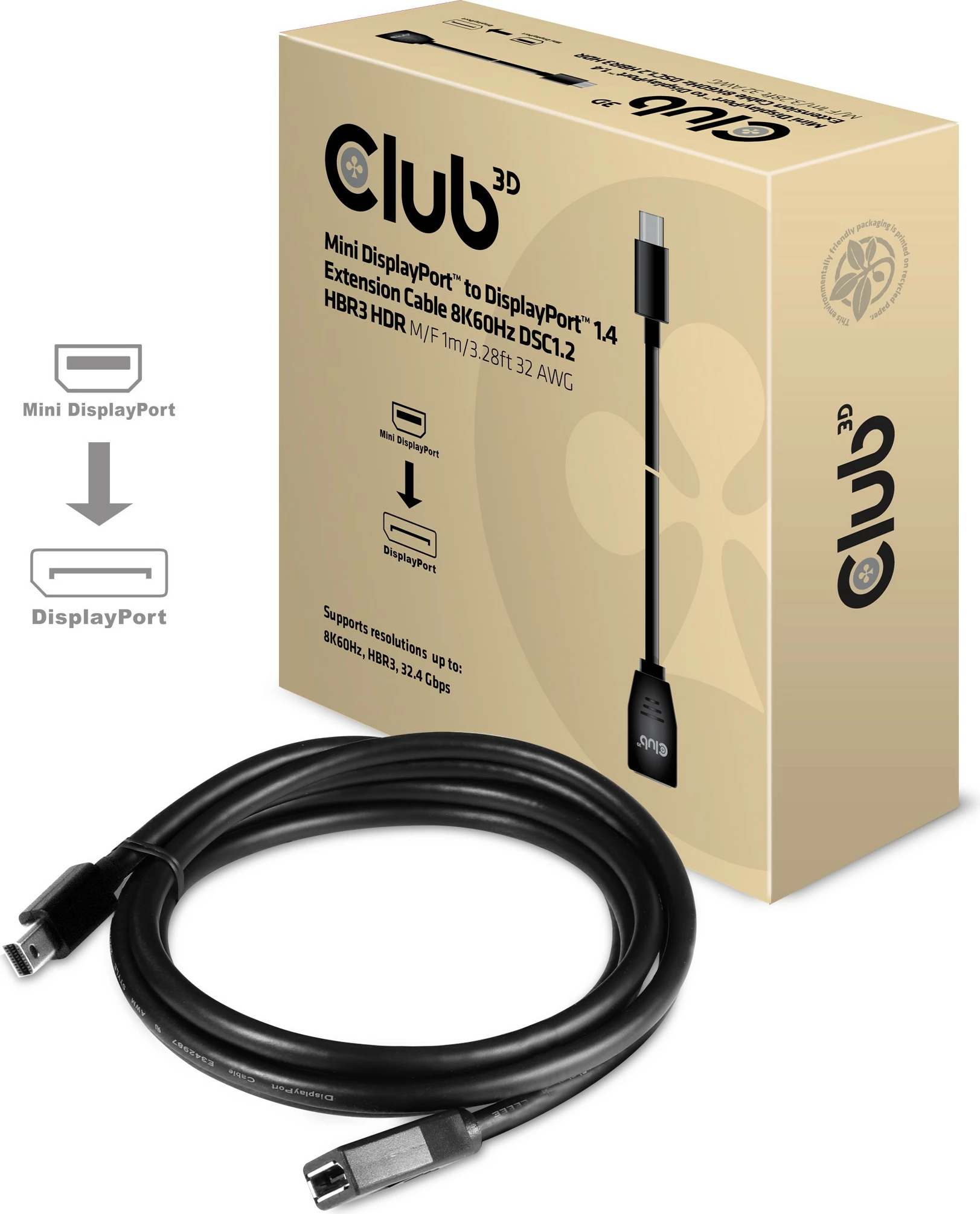 Kabllo Club3D Mini DisplayPort në DisplayPort 1.4, 1m, 8K, e zezë
