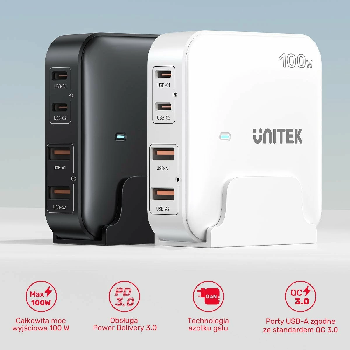 Karikues desktop GaN Unitek P1229A (P1229AWH01-EU) 100W 2x USB-A + 2x USB-C PD/QC, i bardhë