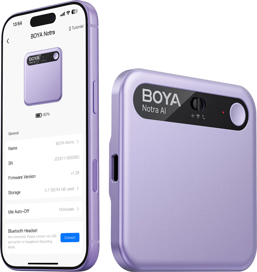 Regjistrues zëri BOYA Notra AI 64GB, transkriptim AI, Bluetooth/USB-C/Wi‑Fi, 24h, kompatibil me MagSafe, vjollcë, set me kabllo USB-C, adapter USB-A dhe unazë magnetike