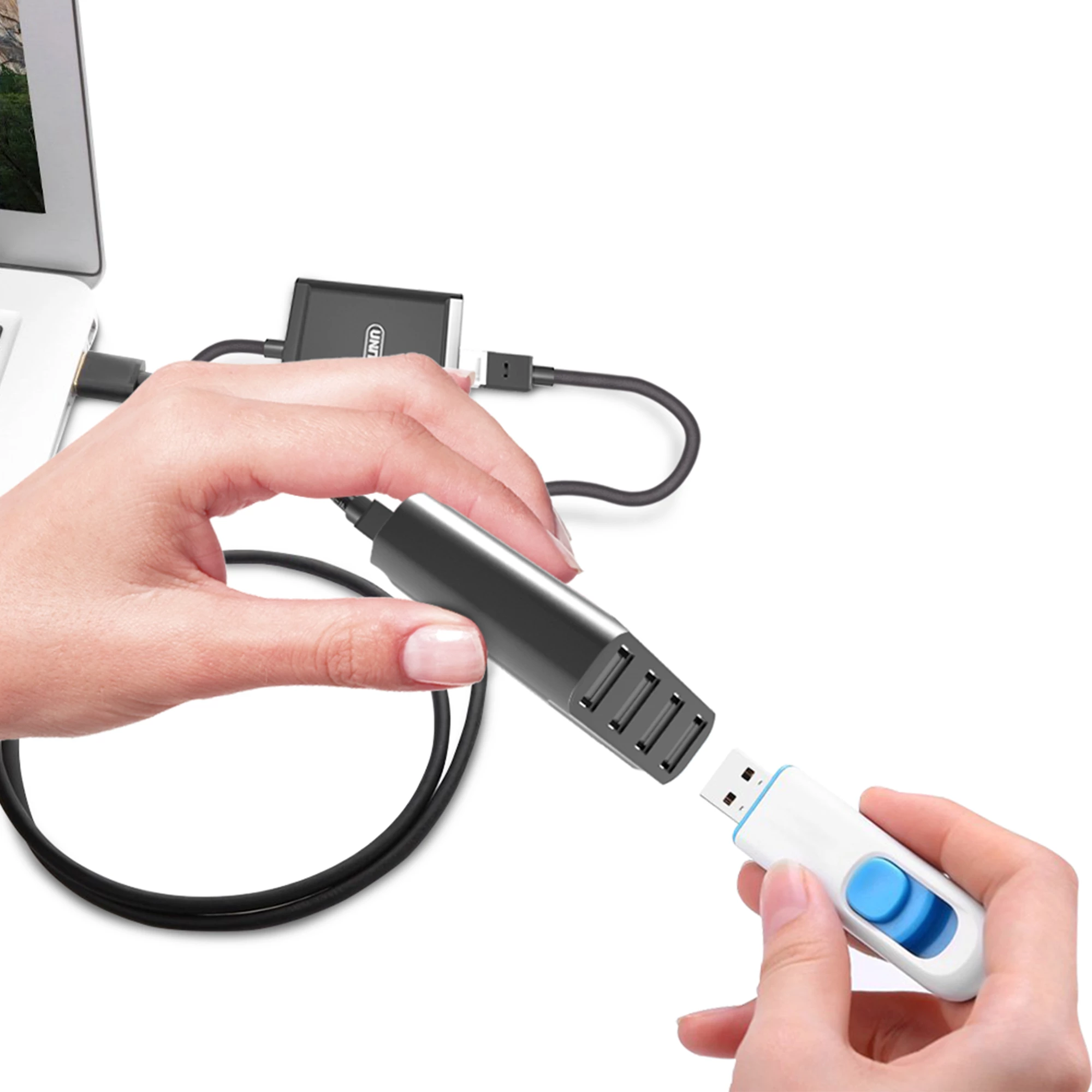 Hub USB Unitek Y-2516, 4 porta, USB 2.0 480 Mbps, zgjatje deri 60 m përmes UTP Cat5/5e/6, i zi, set me adapter rryme