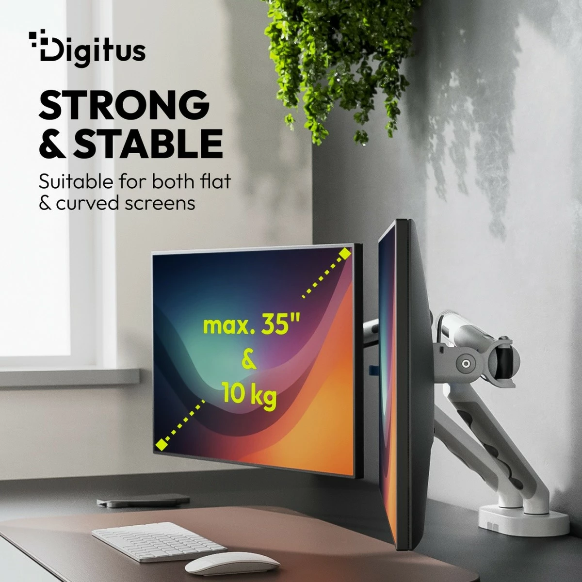 Krah tavoline i dyfishtë për monitor Digitus DA-90472, 2x deri 35\", 2x10kg, VESA 75x75/100x100, me kapëse + montim në tavolinë, i bardhë