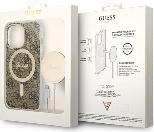 Set mbështjellës Guess GUBPP13LH4EACSW me karikues wireless për iPhone 13 Pro, 4G Print, kafe