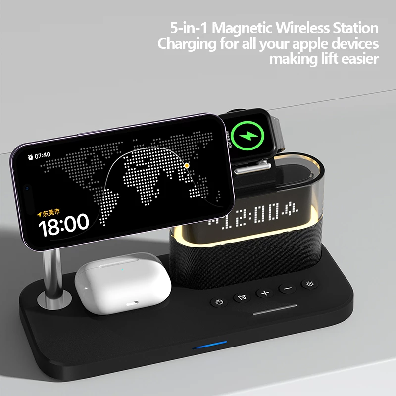 Stacion Karikimi Wireless Magnetik 5-në-1 me Orë dhe Multi-Device Charging