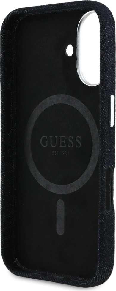 Mbështjellës Guess Denim Triangle Logo MagSafe për iPhone 16, i zi