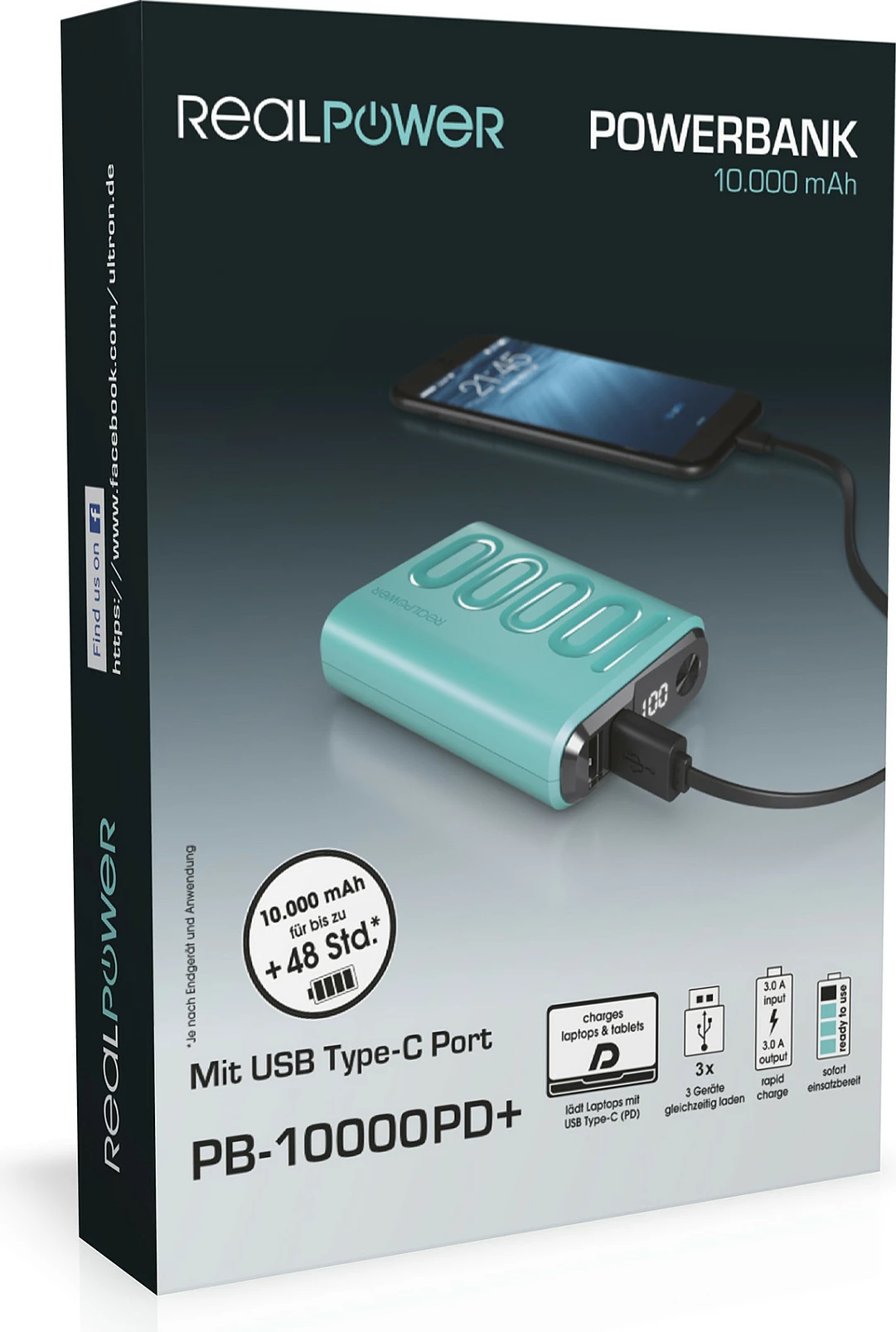 Power bank RealPower B-10000PD+ Nutopia, 10000 mAh, USB-C PD, e kaltër