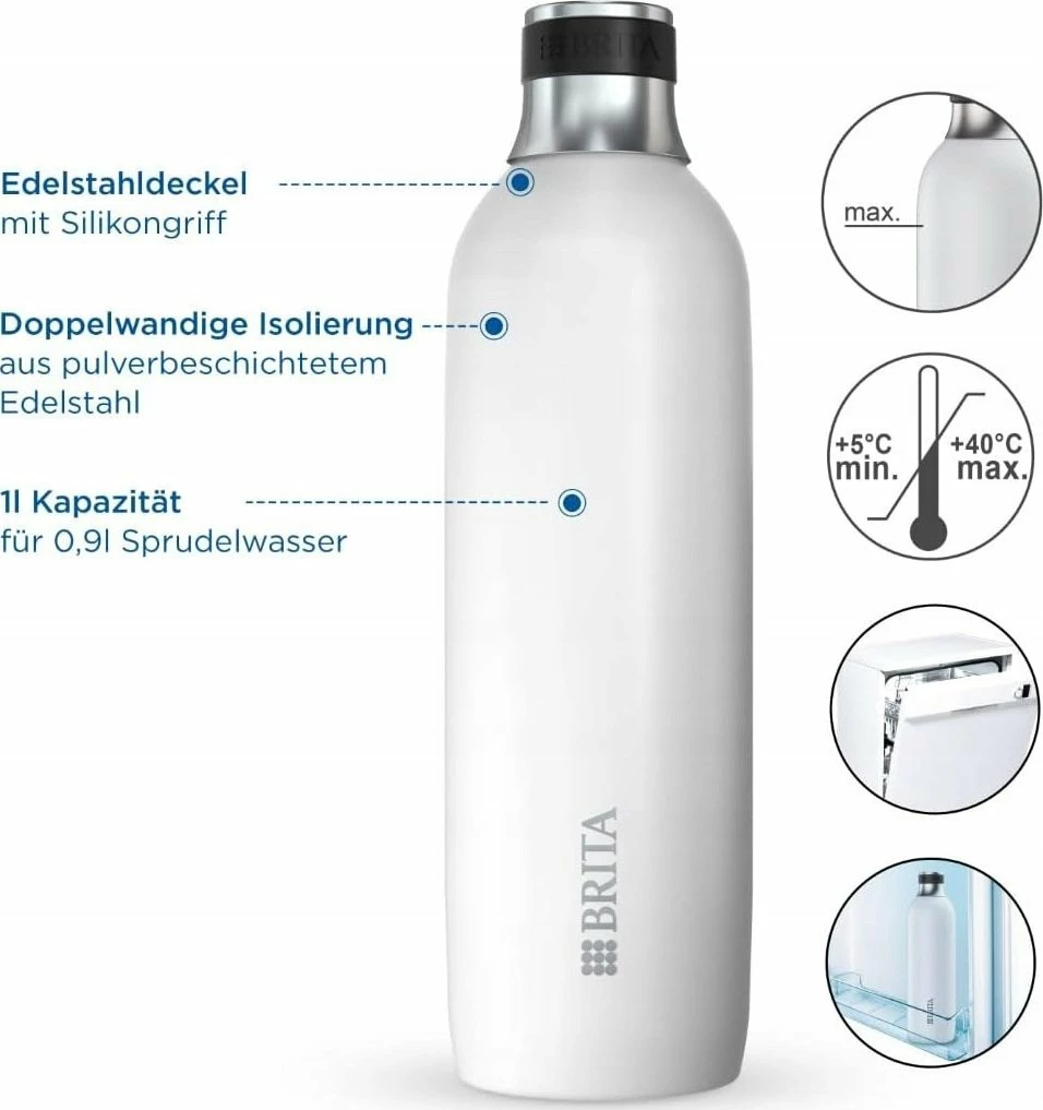 Shishe për karbonator Brita SodaTrio 1 L, çelik inox, e bardhë