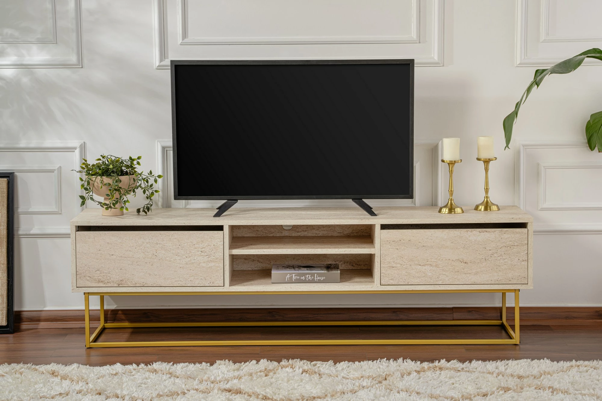 Komodë TV Skye Decor, Escape 180, ngjyrë travertin dhe ari