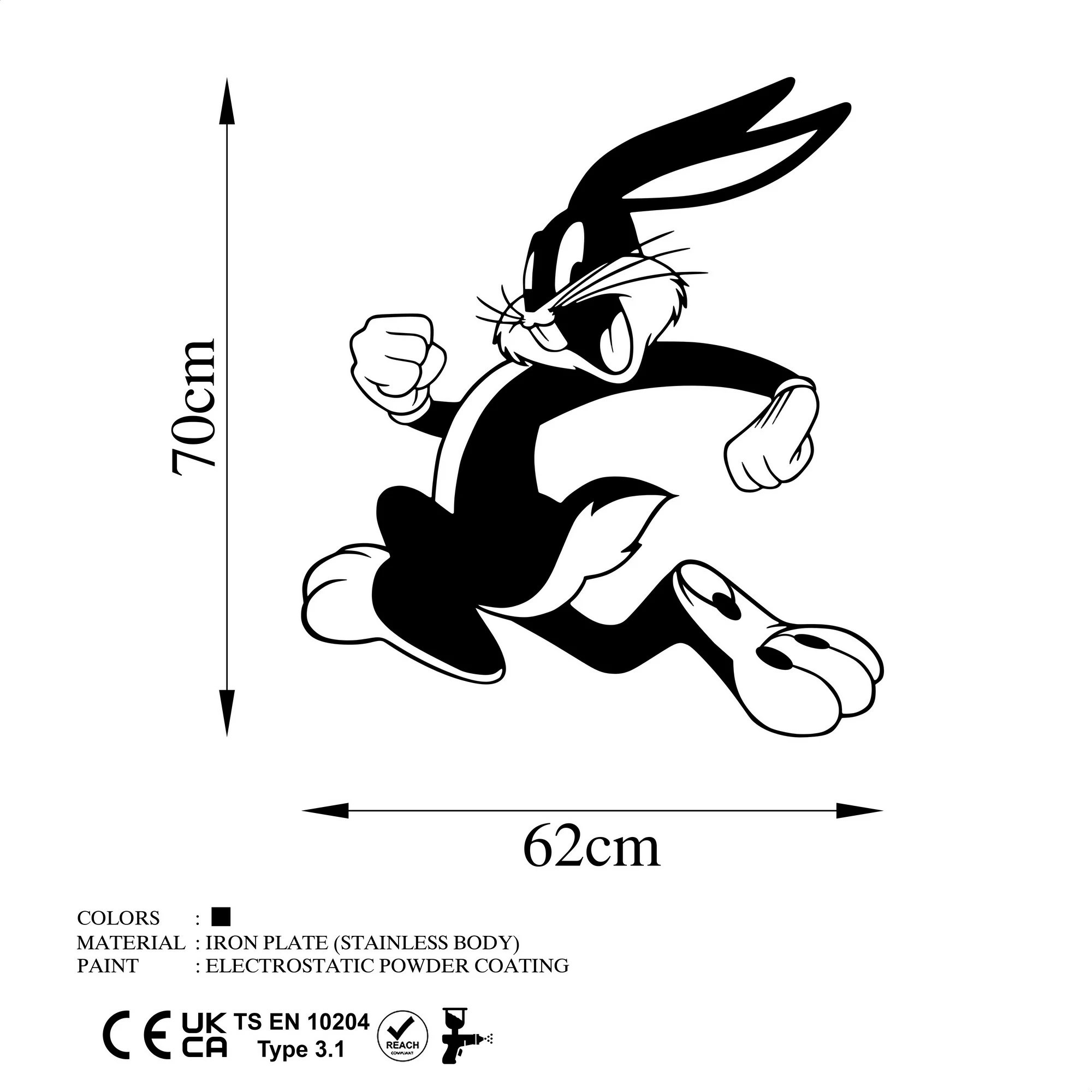 Aksesor dekorativ metalik për mur, Bugs Bunny 2, ngjyrë e zezë, 62x70cm