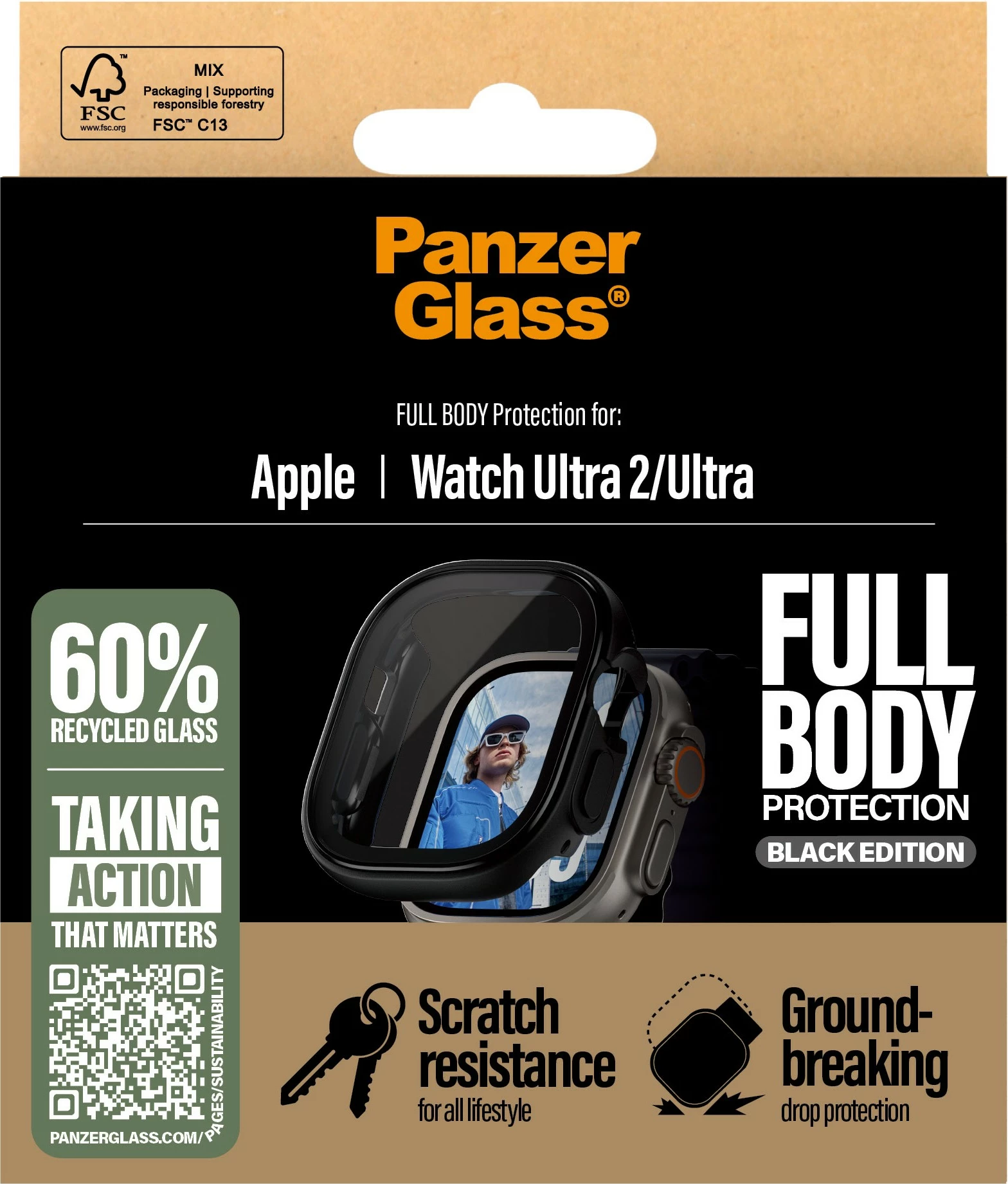 Mbrojtës ekrani PanzerGlass për Apple Watch Ultra 2, full body, transparent, kornizë e zezë