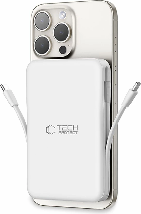 Power bank Tech-Protect LifeMag PB31, 10000mAh, MagSafe, USB-C/USB-A/Lightning, Bardhë
