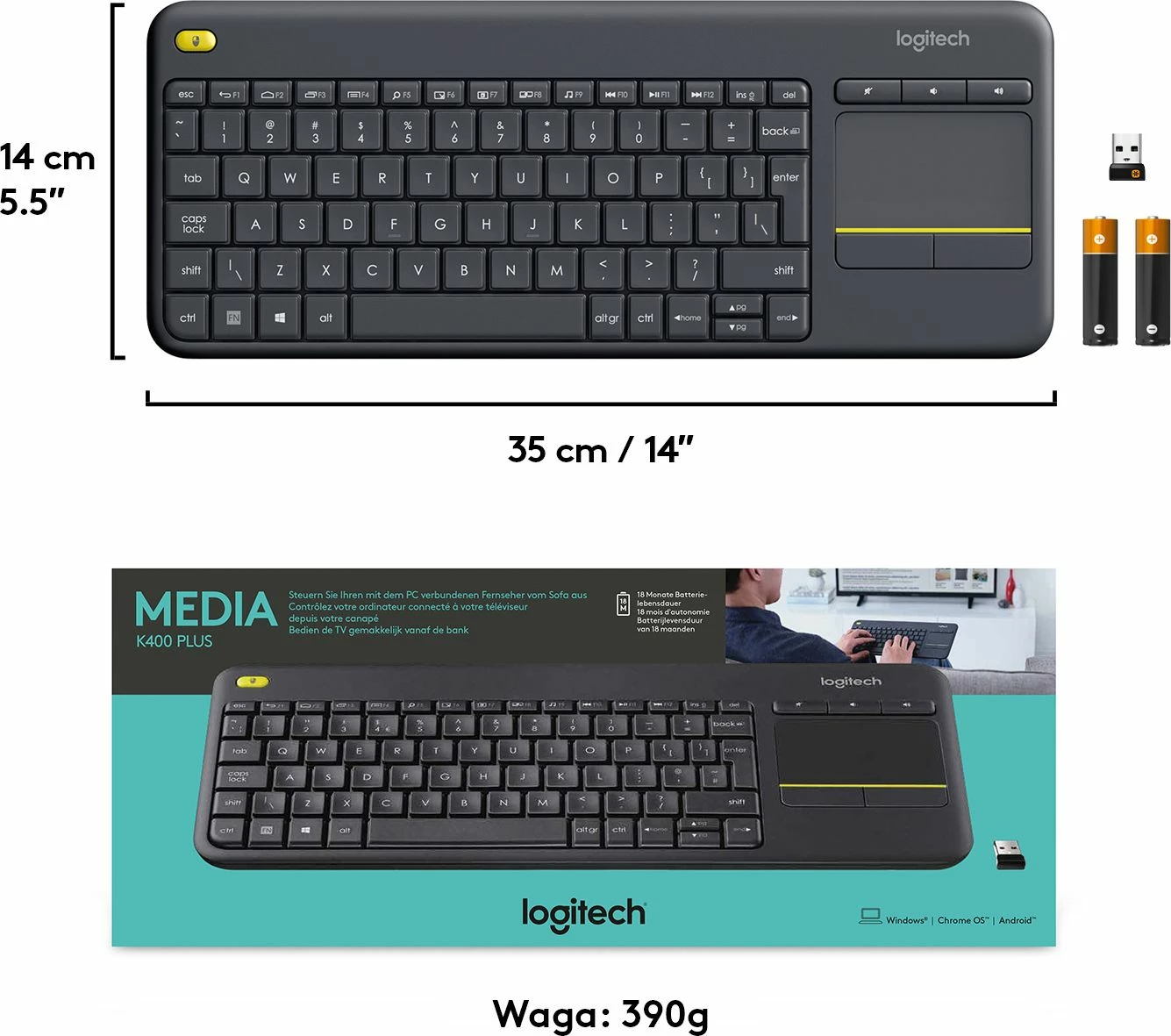 Tastierë pa tela Logitech K400 Plus 920-007145 me touchpad, US INTL, e zezë
