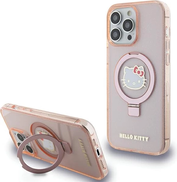 Mbështjellës Hello Kitty Ring Stand Glitter Electrop Logo MagSafe për iPhone 15 Pro Max, Rozë