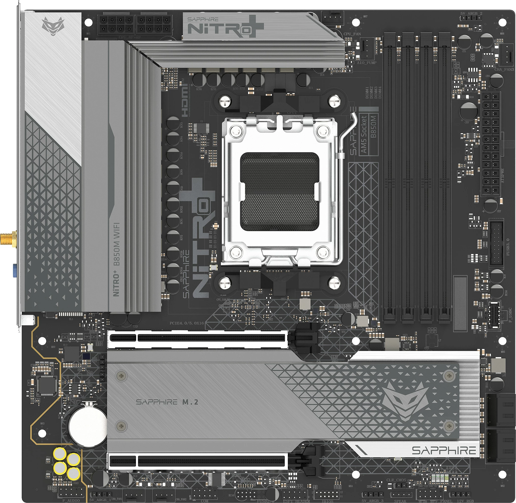 Pllakë amë Sapphire NITRO+ B850M WiFi, Socket AM5, micro ATX, e zezë/argjendtë