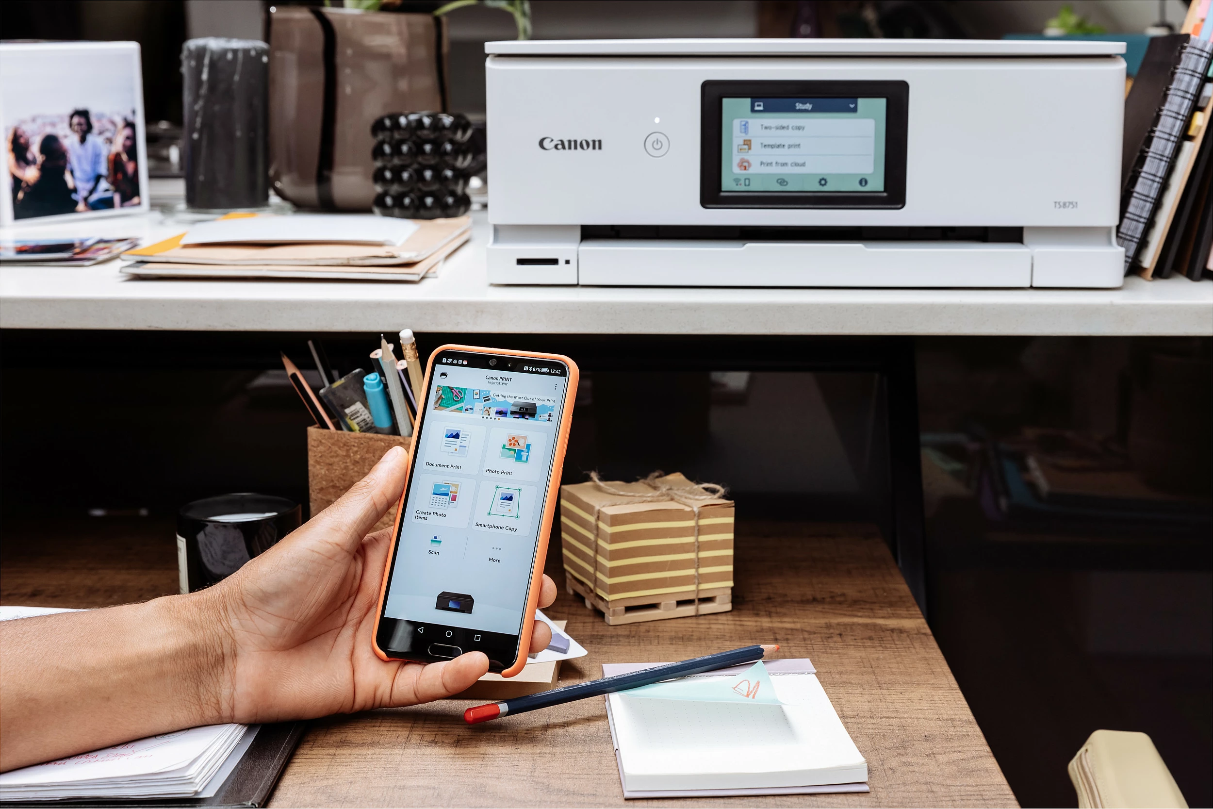 Printer multifunksional Canon PIXMA TS8751, inkjet me ngjyra, A4, Wi‑Fi, duplex, i bardhë