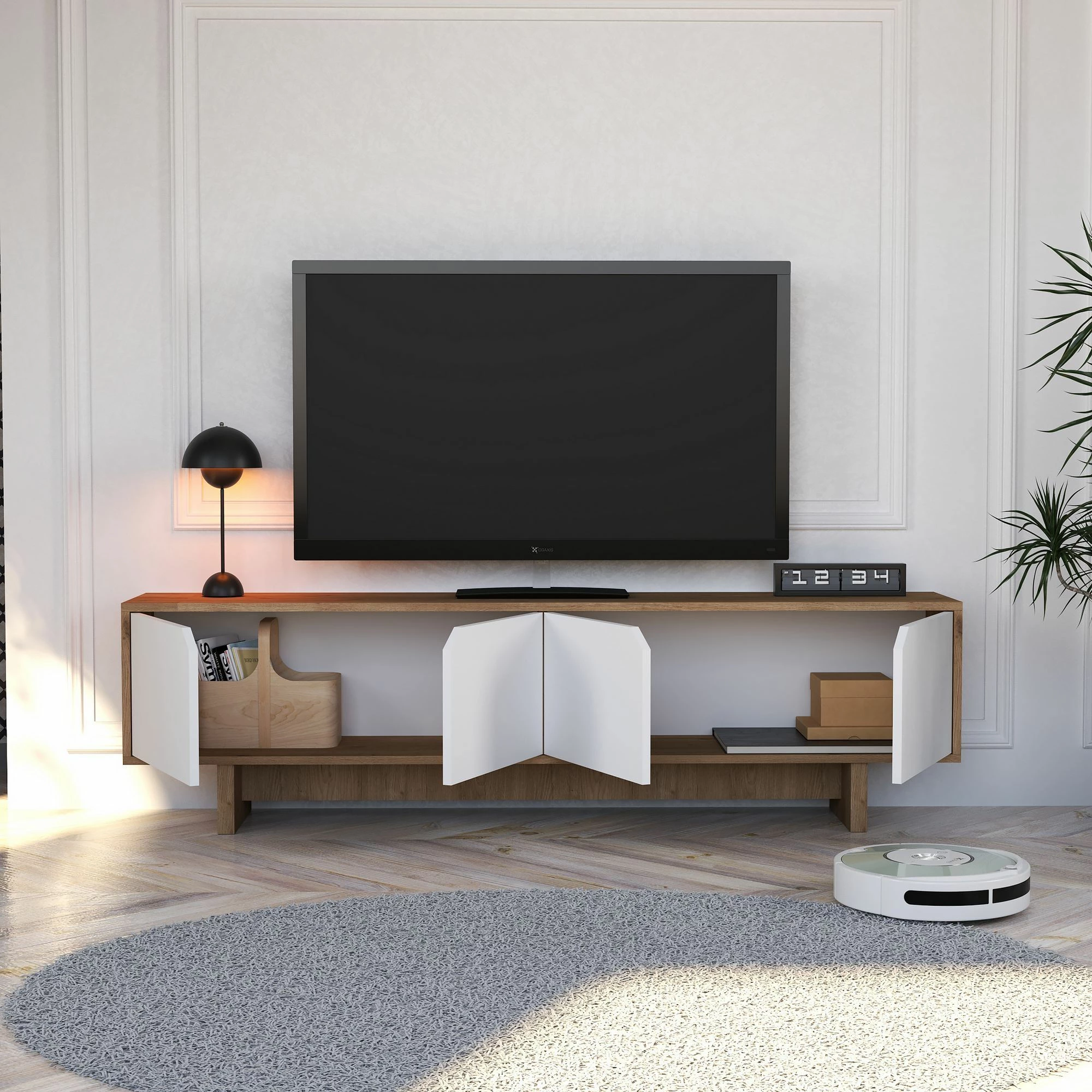Komodë TV Skye Decor, ngjyrë lisi dhe e bardhë