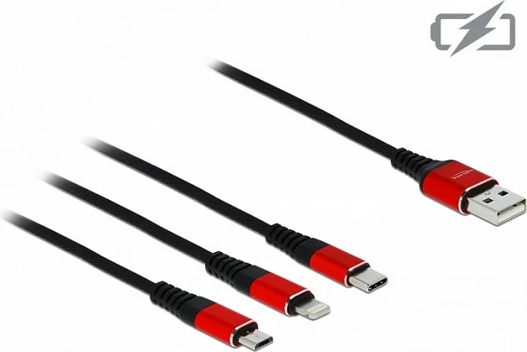 Kabl USB karikimi DeLOCK 3-në-1 USB-A në USB-C/Micro-USB/Lightning, 1 m, 3A, e zezë/kuqe