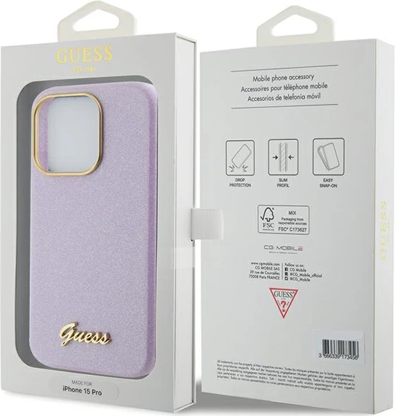 Mbështjellës Guess Glitter Glossy Script për iPhone 15 Pro, vjollcë