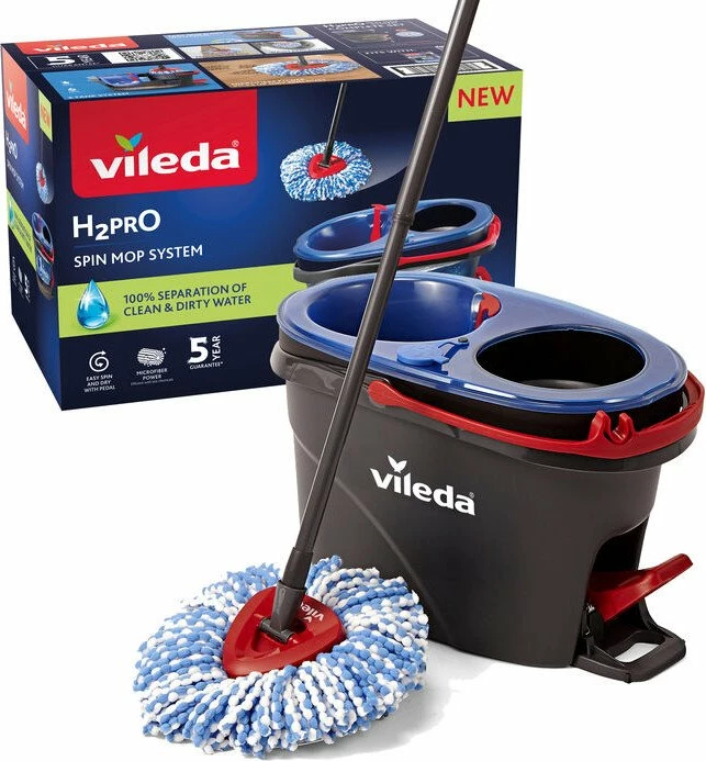 Set mop rrotullues me kovë Vileda H2prO, mikrofibër, shufër teleskopike, me shtrydhëse, i zi
