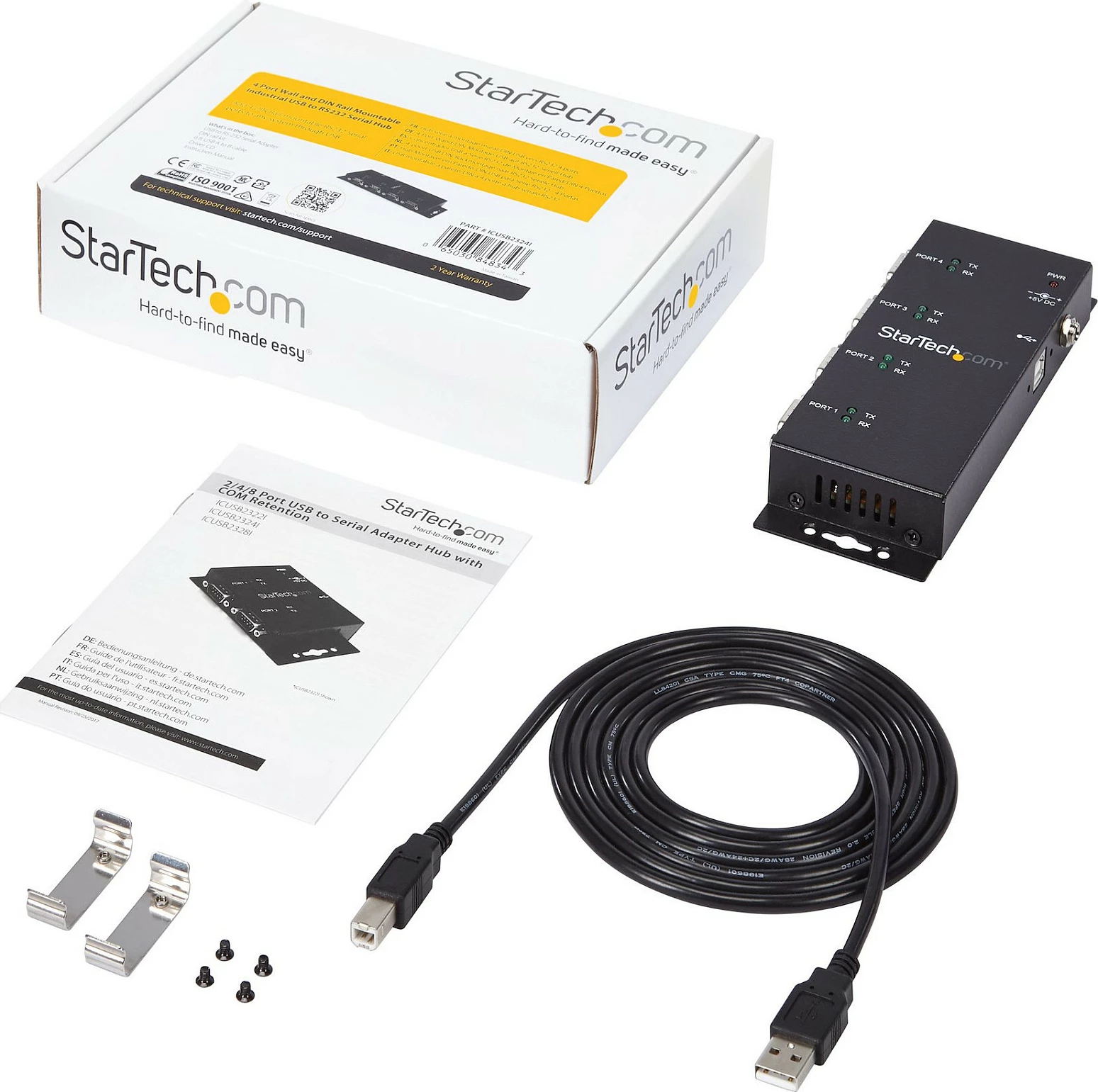 Adapter hub USB në RS232 StarTech ICUSB2324I, 4 porta DB9, USB 2.0 Type-B, DIN Rail/Wall Mount, i zi