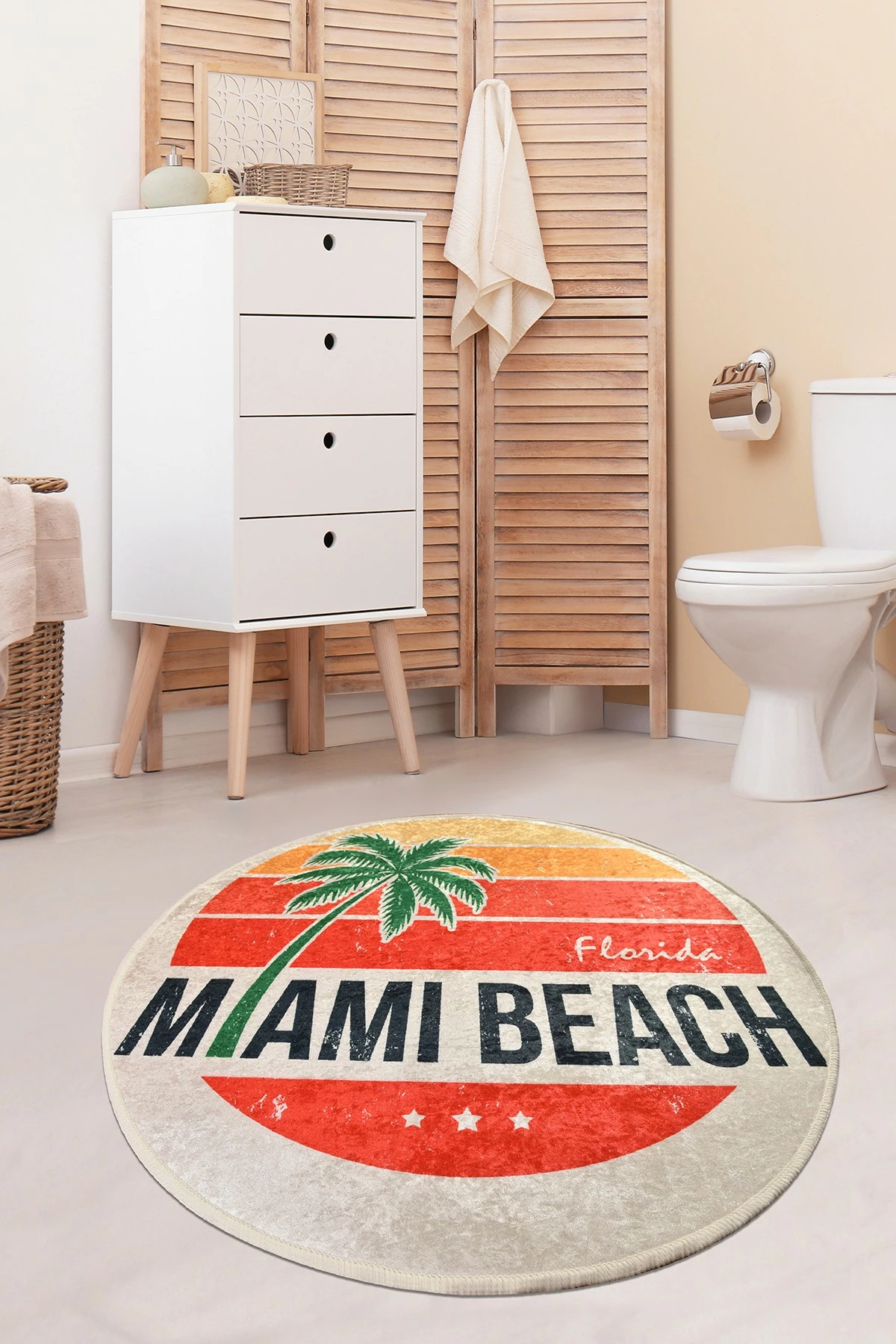 Tapet për banjo, dizajn Miami Beach, shumëngjyrësh, 140cm