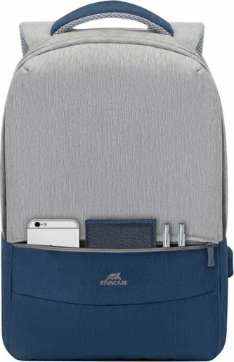 Çantë shpine për laptop RivaCase Prater 7562 15.6\" me portë USB, repelente ndaj ujit, gri/blu e errët