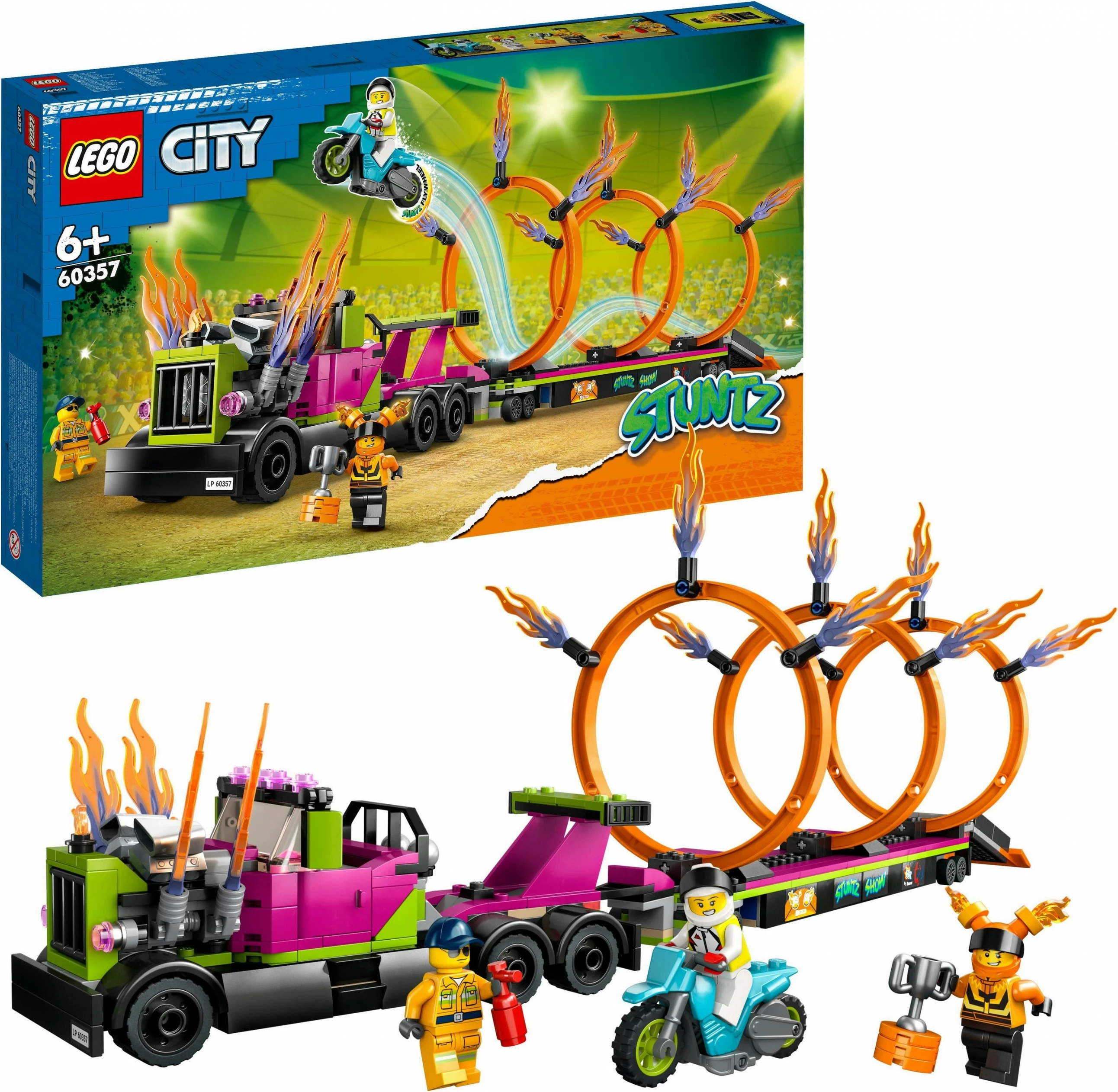 Set ndërtimi LEGO City Stunt Truck & Ring of Fire Challenge, 479 pjesë, shumëngjyrësh