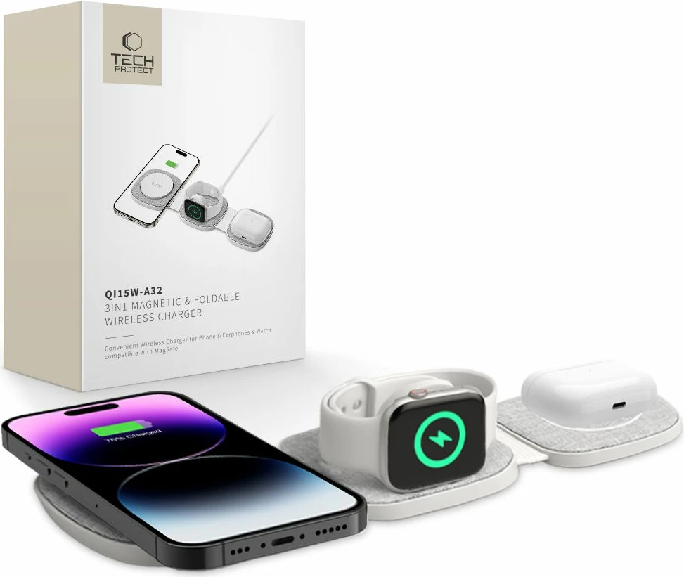 Karikues wireless 3-në-1 Tech-Protect QI15W-A32 me MagSafe, për iPhone/Apple Watch/AirPods, Gri