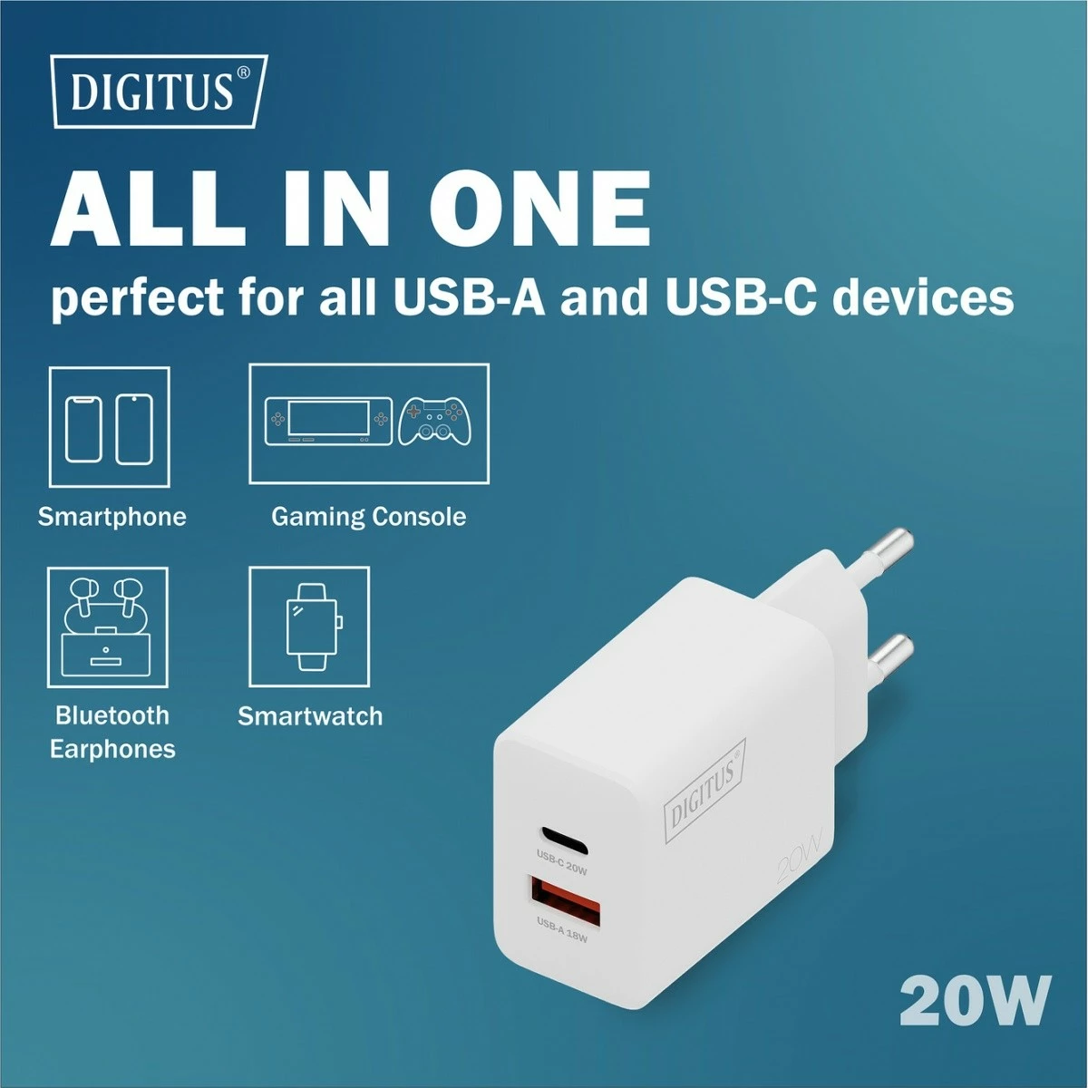 Karikues murale USB 20W, Digitus DA-10300, 1x USB-C + 1x USB-A, i bardhë