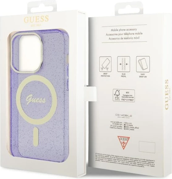 Mbështjellës Guess GUHMP14XHCMCGU për iPhone 14 Pro Max 6.7", Glitter Gold MagSafe, vjollcë