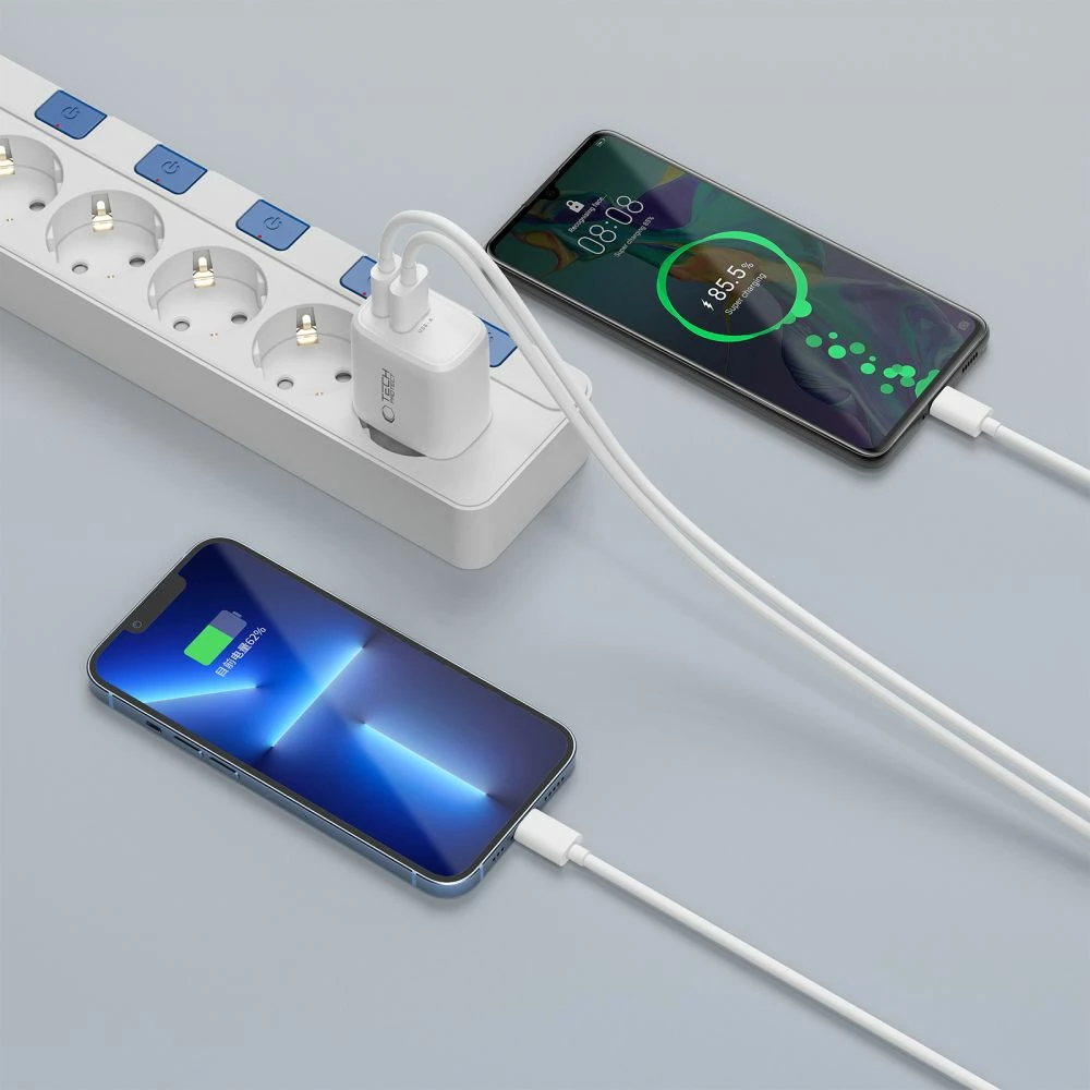 Karikues muri Tech-Protect NCA45W-GAN 45W 2-port (USB-C PD 3.0 + USB-A QC 3.0), me kabllo USB-C në USB-C 1 m, i bardhë