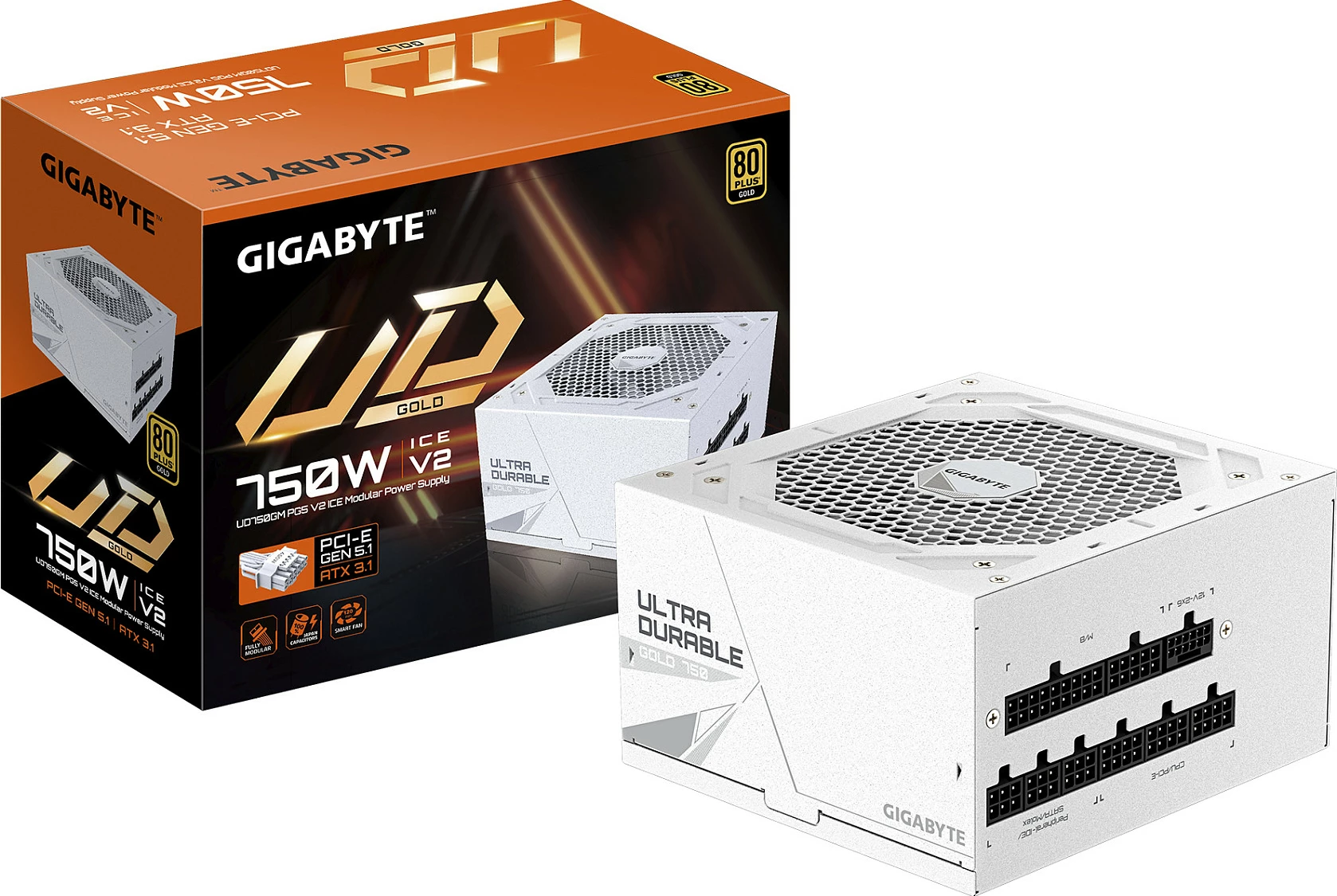 Furnizues rryme Gigabyte UD750GM PG5 V2 ICE, 750W, 80+ Gold, ATX 3.1, modular, i bardhë