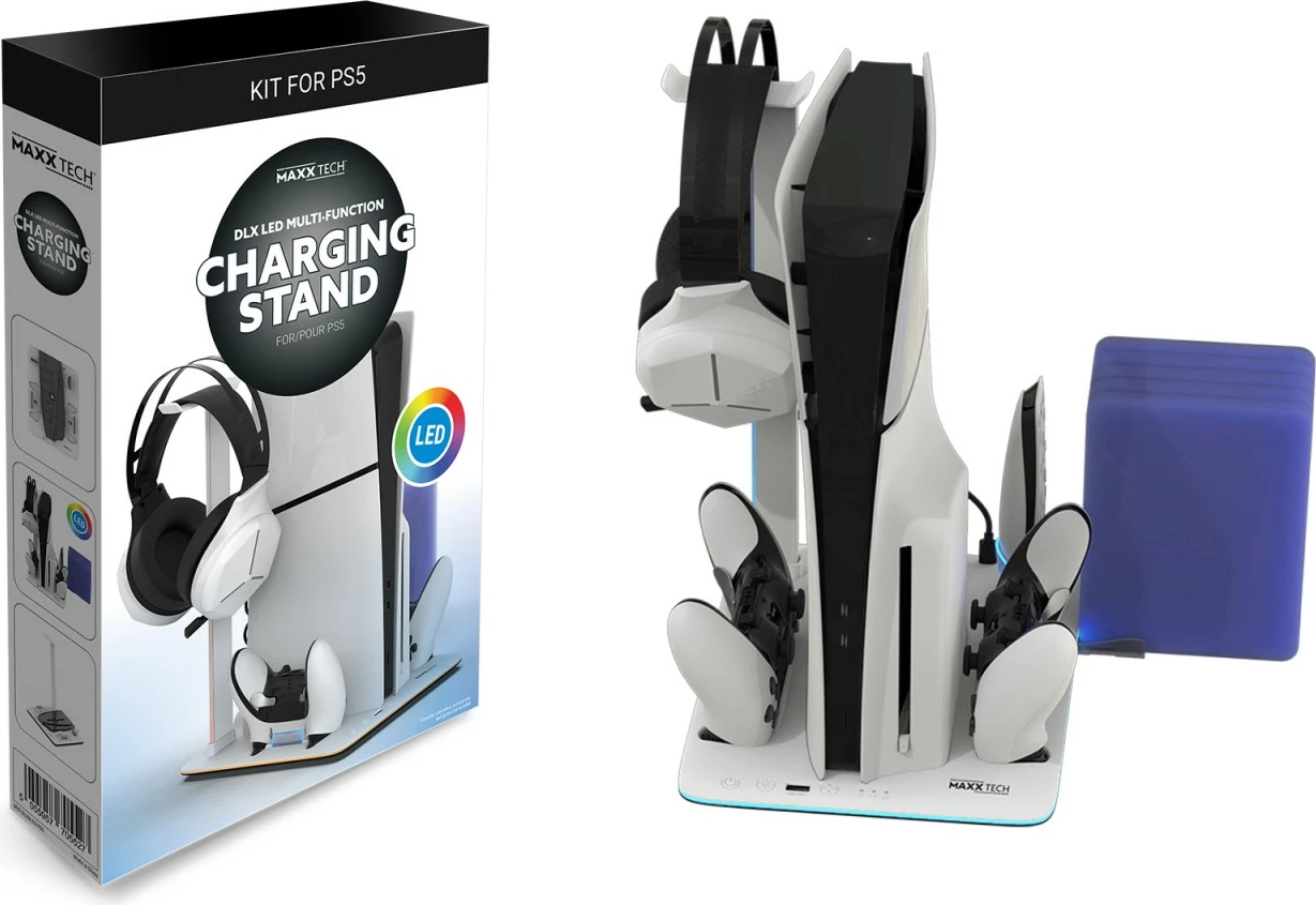 Stendë karikimi multifunksionale MAXX TECH PS5 Standard & Slim DLX me LED dhe ventilator ftohës, kit