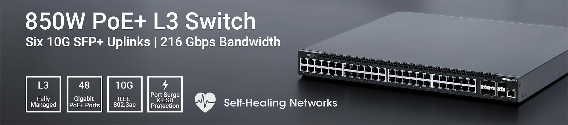 Switch Intellinet 54-P PoE+ Managed, 48x Gigabit, 6x 10GbE, 850W