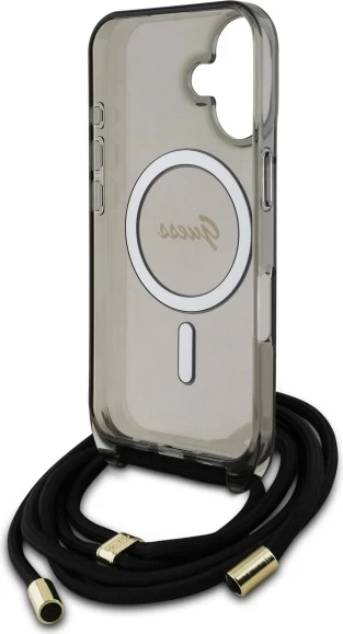 Mbështjellës Guess Crossbody Cord Script MagSafe për iPhone 16, i zi