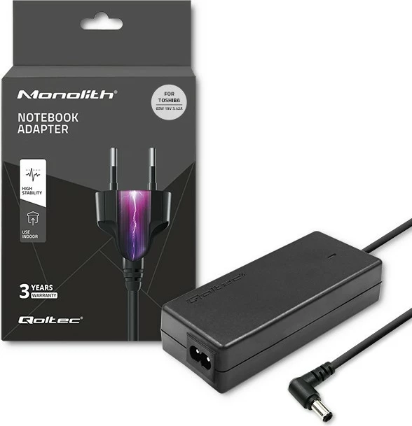 Adapter rryme për laptop Toshiba Qoltec 65W, 19V, 3.42A, 5.5x2.5 mm, i zi