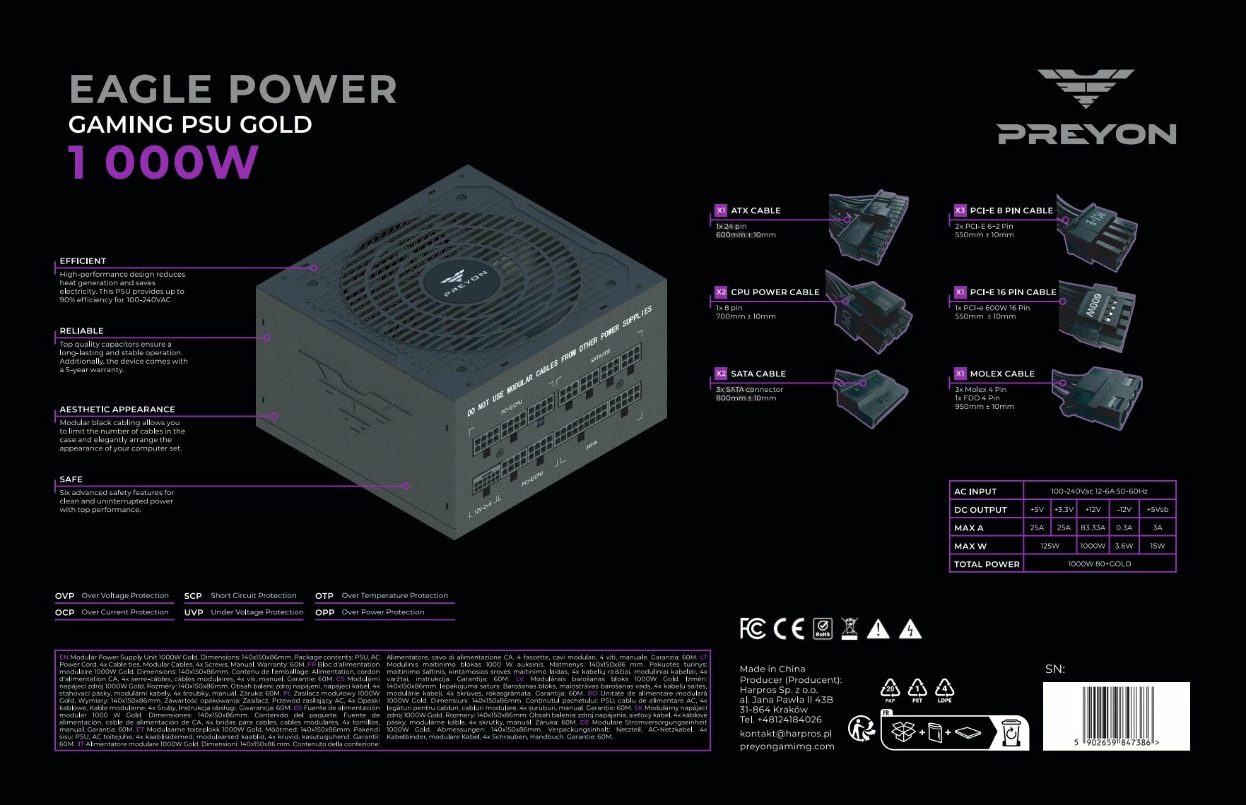 Furnizues rryme (PSU) PREYON Eagle Power GOLD PEPG1000W 1000W, 80 Plus Gold, ATX 3.1, plotësisht modular, i zi