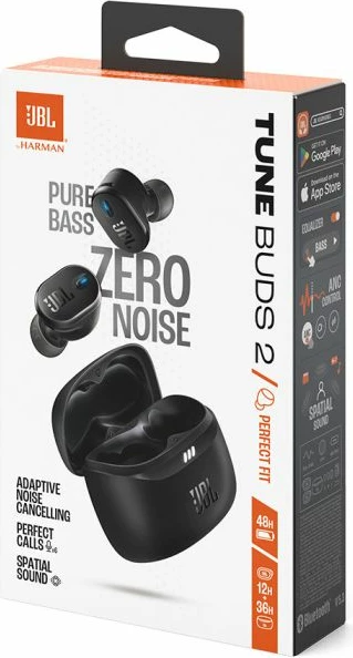 Kufje JBL Tune Buds 2 True Wireless me mikrofon, ANC adaptive, Bluetooth 5.3, IP54, të zeza, me kuti karikimi