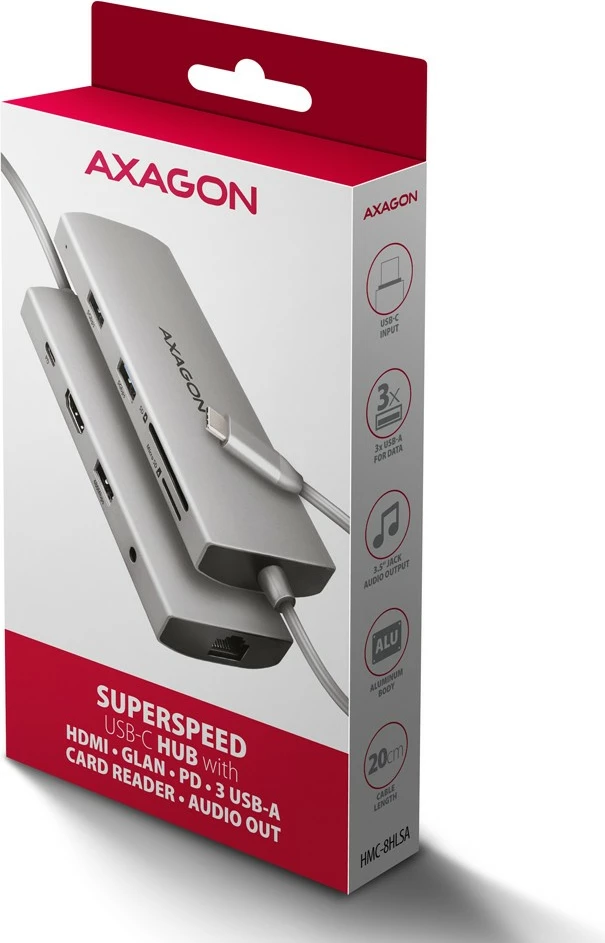 Hub multiport AXAGON HMC-8HLSA, 9-në-1, USB-C, HDMI 4K, 3x USB-A, SD/microSD, GLAN, Audio, PD 100W, 20cm, Gri