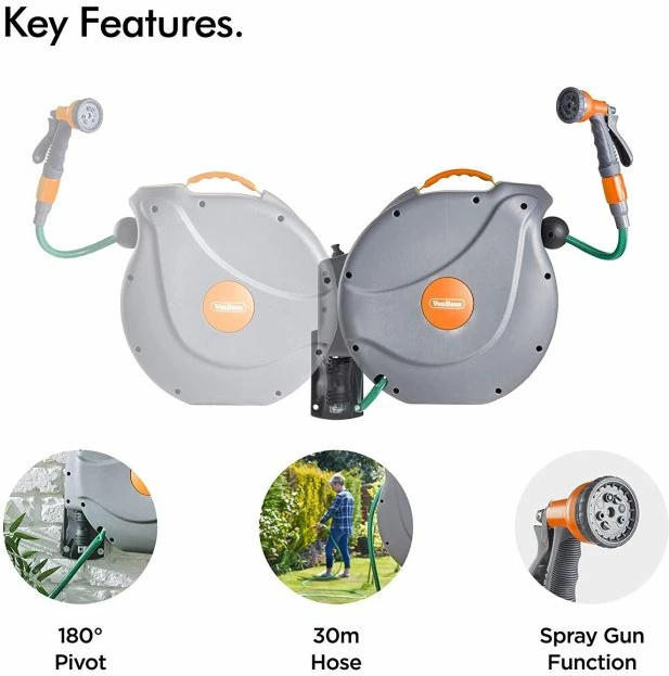 mbajtës zorre muri VonHaus 2500013, 30m, rrotullim automatik, pistoletë spërkatëse 8-funksione, rrotullim 180°, gri/jeshile