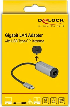 Adapter USB-C në Gigabit LAN DeLOCK, USB 3.2 Gen 2, Power Delivery 60W, i zi/gri