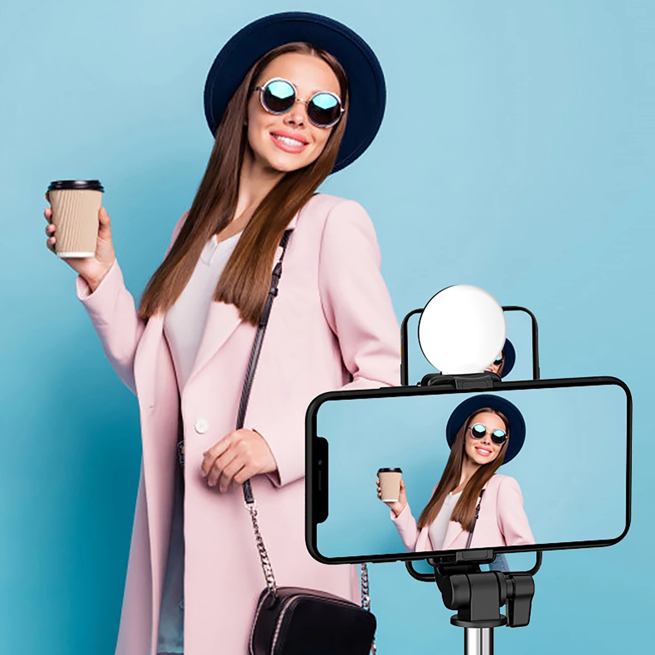 Selfie stick Hurtel WR1YXS me tripod teleskopik, llambë LED, Bluetooth, 71 cm, e zezë