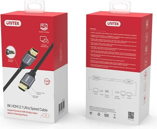 Kabllo HDMI Unitek, 2m, e zezë / hiri