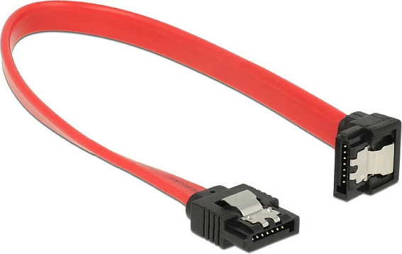 Kabllo SATA DeLOCK 83977, 20 cm, SATA 7-pin në SATA 7-pin, 6 Gbit/s, me kapëse, kuqe/zezë